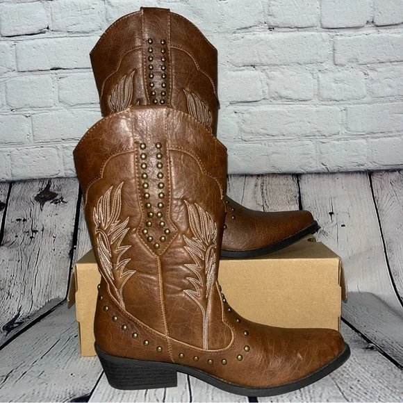 Vintage Women’s Brown Western Embroidered & Studded Cowboy Boots Size 8.5 - Picture 3 of 16